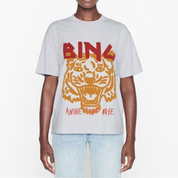 ANINE BING Grey Chenille Graphic Tiger Tee Muse T-shirt XS - Picture 2 of 8